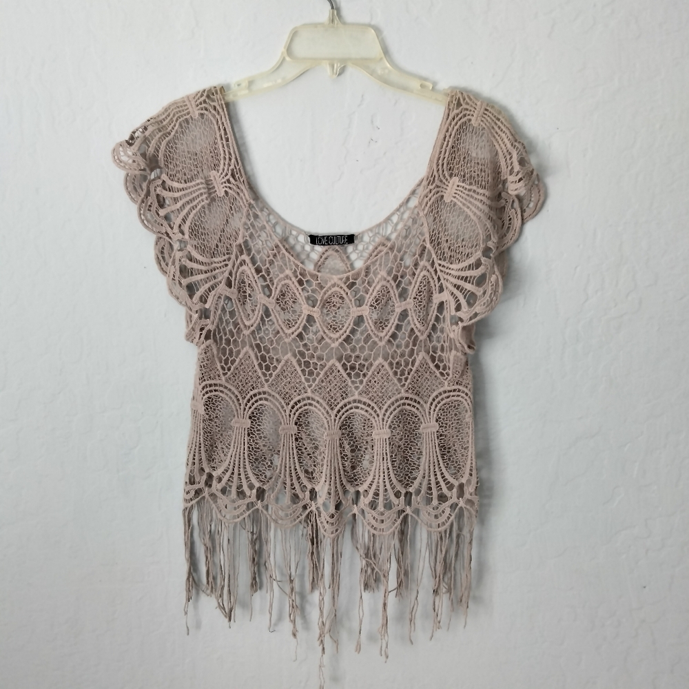 Love Culture Boho Lace Crochet Cropped Top w/ Fringe Hem Festival Women's S/M